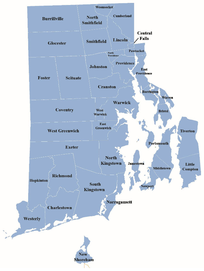 A map of RI with outlines showing the boundaries of every town or city in the state